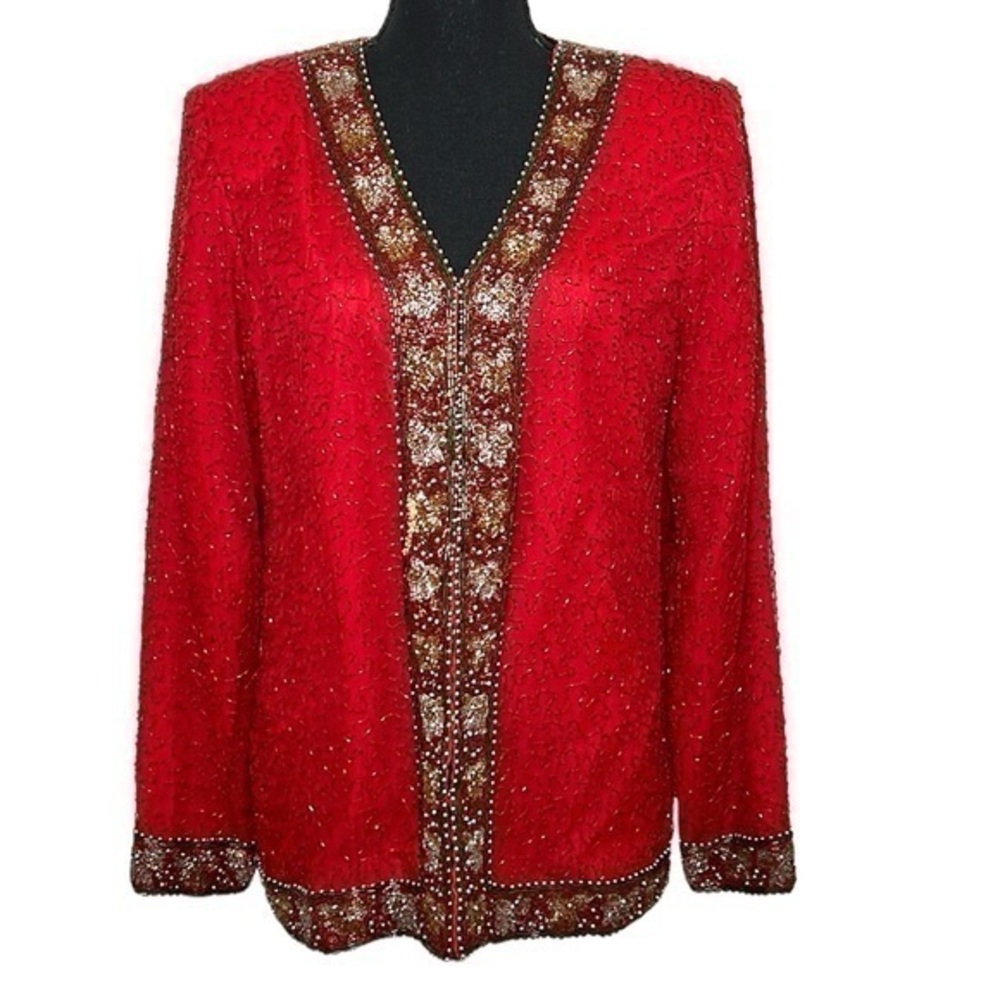 1980s Laurence Kazer Vintage Women’s Silk Beaded Jacket Red Medium